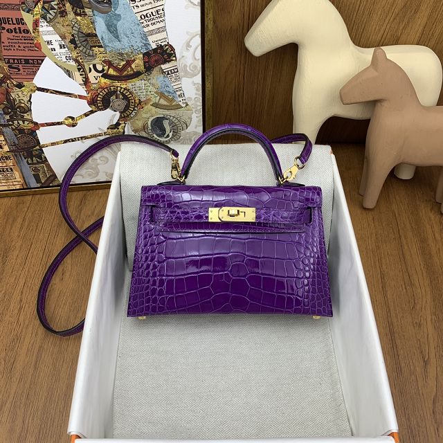 Hermes handmade genuine crocodile leather mini kelly bag K0019 crocus
