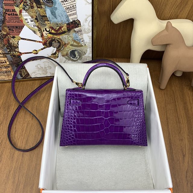 Hermes handmade genuine crocodile leather mini kelly bag K0019 crocus