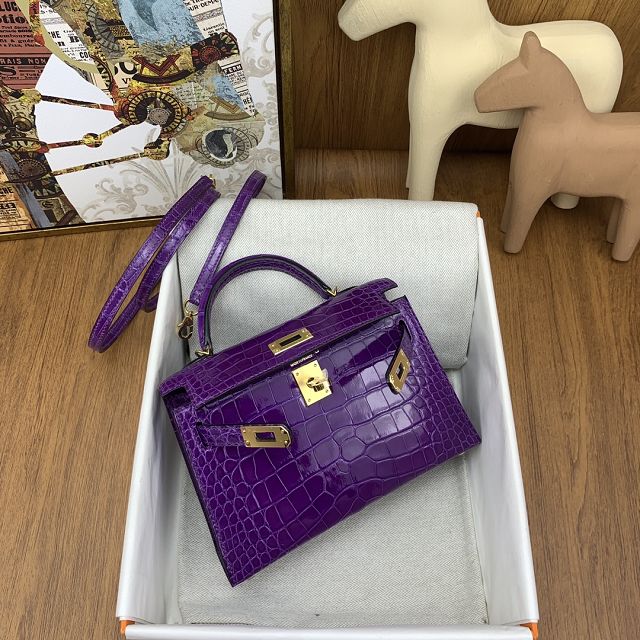 Hermes handmade genuine crocodile leather mini kelly bag K0019 crocus