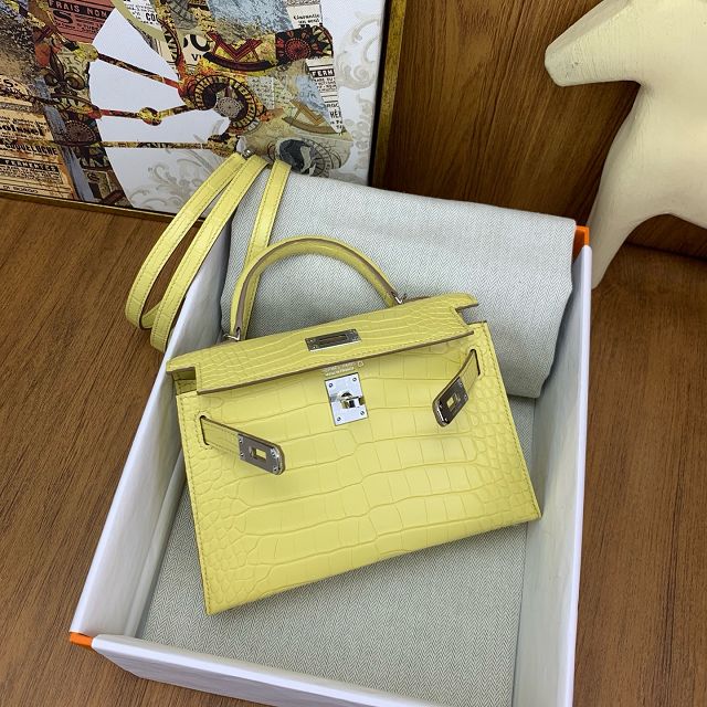 Hermes handmade genuine crocodile leather mini kelly bag K0019 jaune poussin