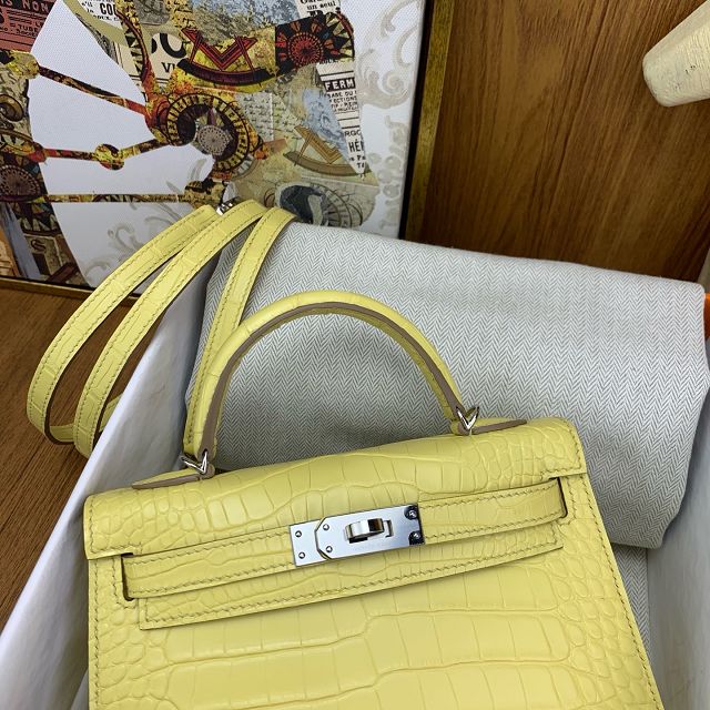 Hermes handmade genuine crocodile leather mini kelly bag K0019 jaune poussin