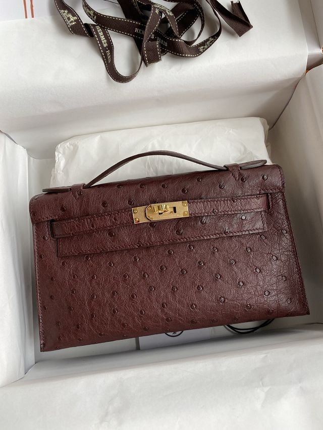 Hermes handmade genuine ostrich leather mini kelly 22 clutch K220