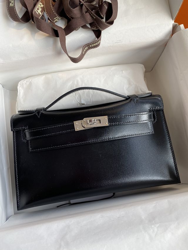 Hermes original box leather mini kelly 22 clutch K0012 black