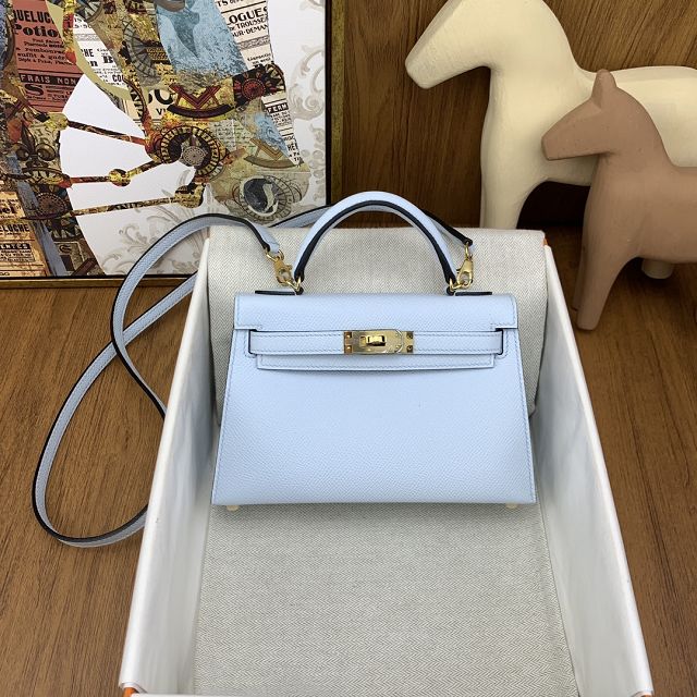Hermes original epsom leather mini kelly 19 bag K0019 azur