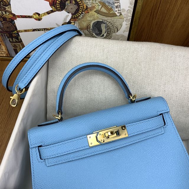 Hermes original epsom leather mini kelly 19 bag K0019 celeste