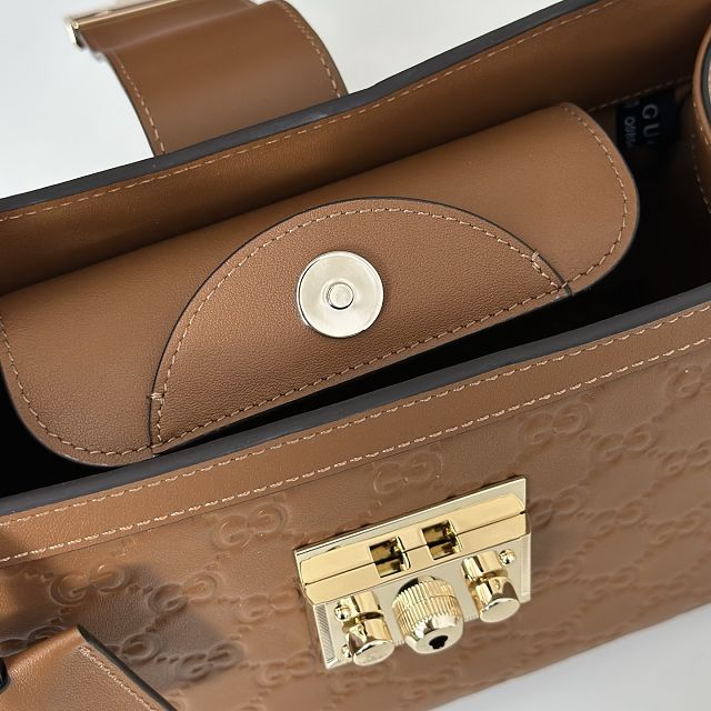 GG original calfskin padlock medium top handle bag 838992 brown