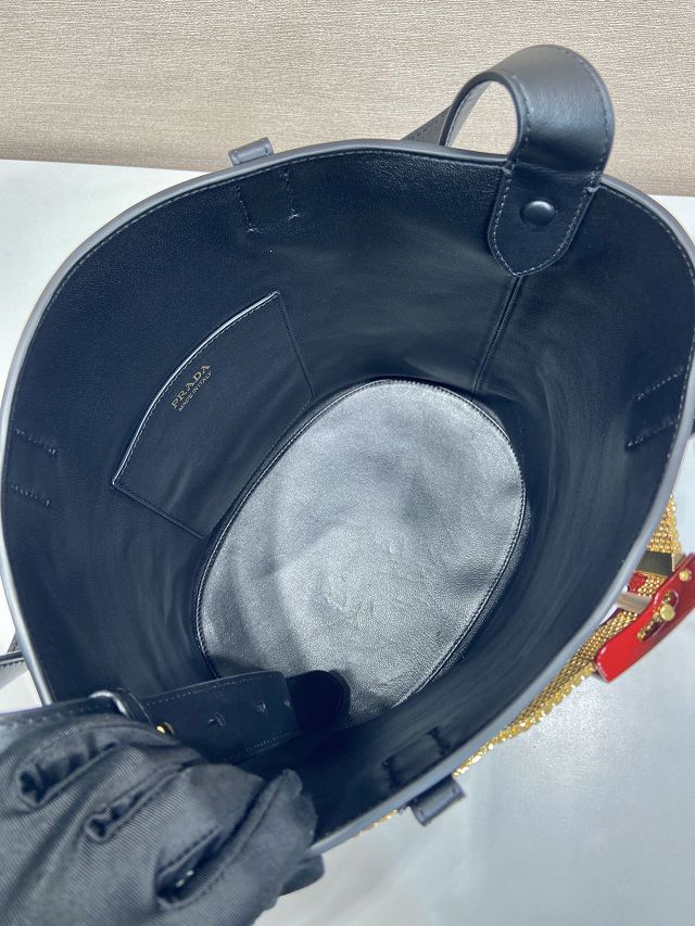 Prada original calfskin bucket bag with jeweled belt 1BE085 black