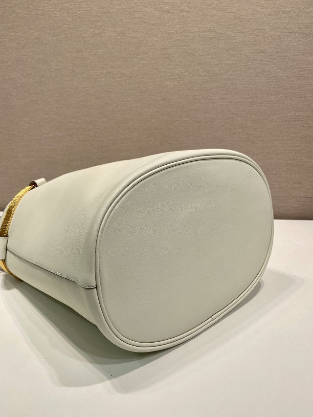 Prada original calfskin bucket bag with jeweled belt 1BE085 white