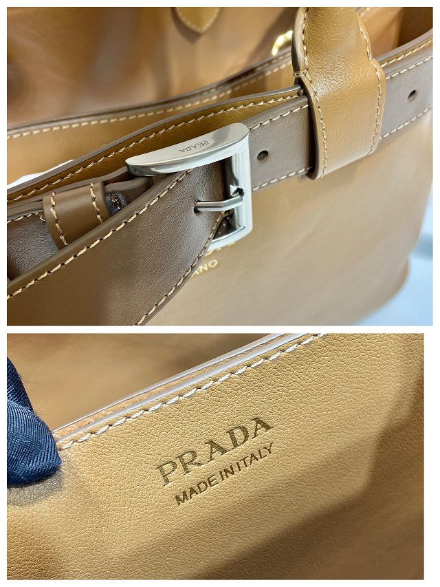 Prada original calfskin tote bag with belt 1BA434 caramel