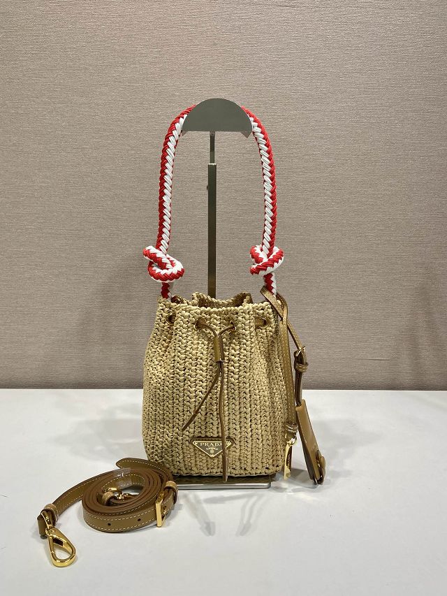 Prada original raffia mini crochet bucket bag 1BE068 beige