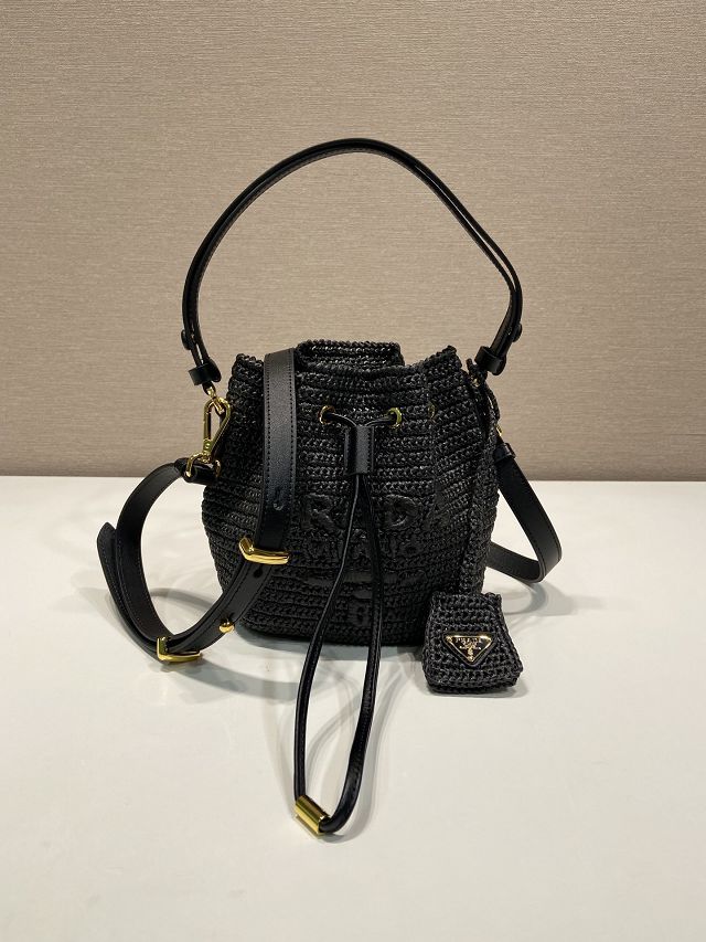 Prada original raffia mini crochet bucket bag 1BE068 black