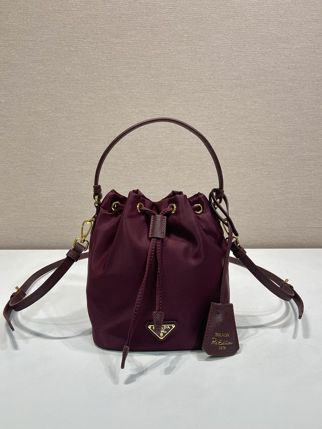 Prada original nylon 1978 mini bucket bag 1BE067 burgundy