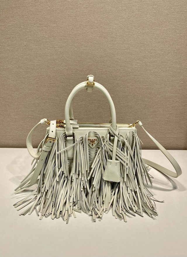Prada original soft calfskin galleria small bag with fringe 1BA896 white