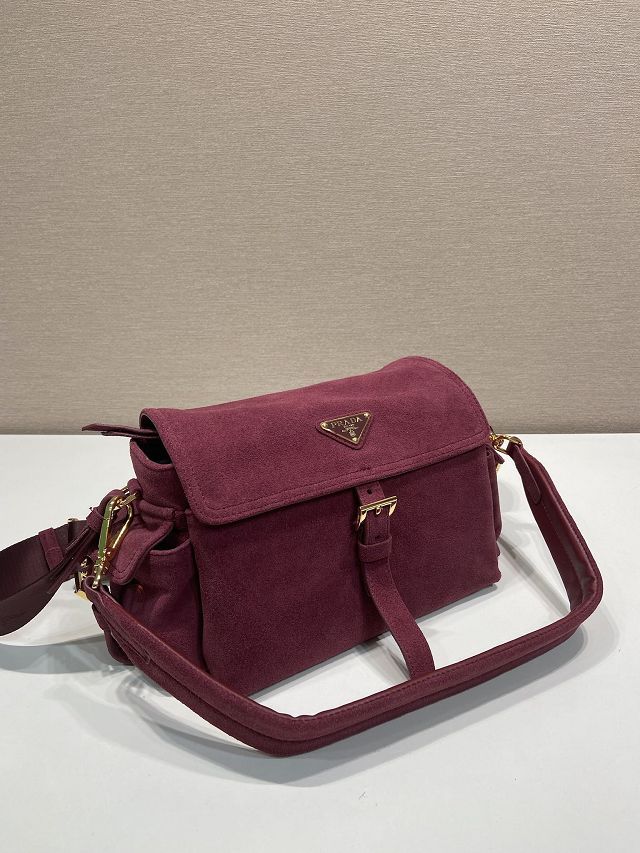 Prada original suede explore medium shoulder bag 1BD394 burgundy