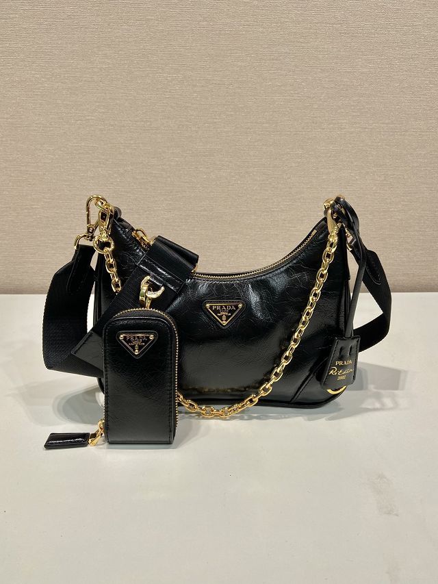 Prada original shiny calfskin re-edition mini bag 1BC204A black