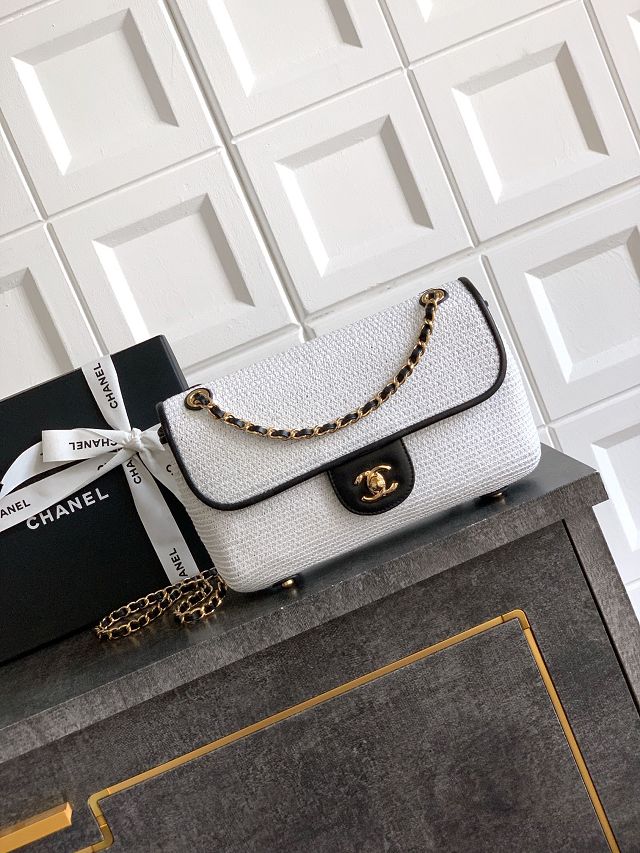 CC original straw medium flap bag AS6018 beige&white