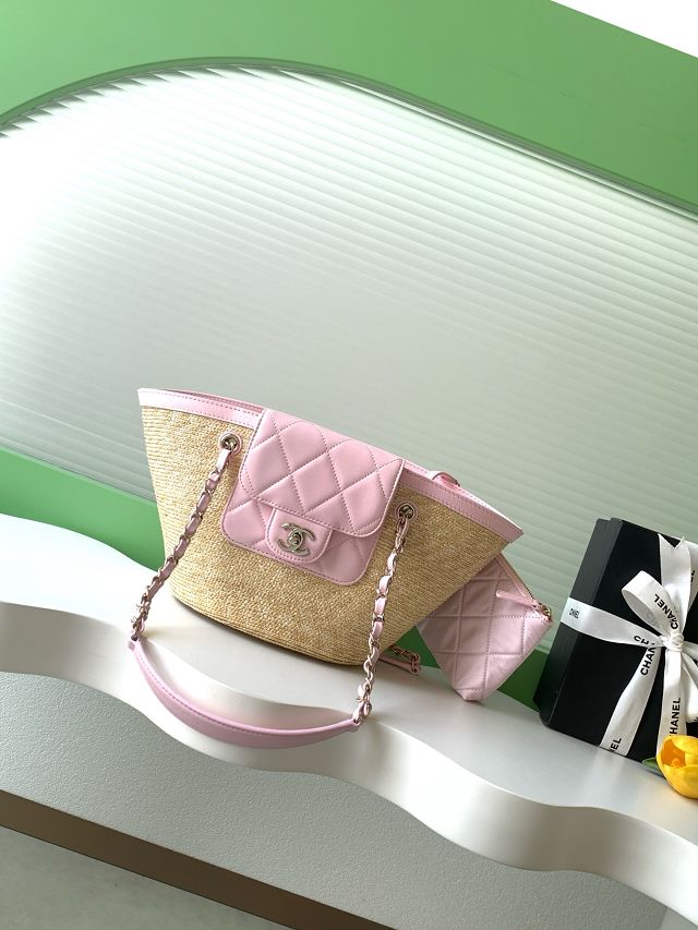 CC original straw small tote bag AS5951 beige&pink