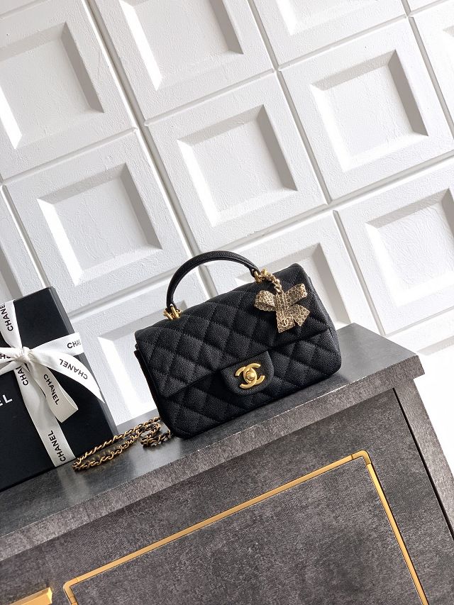 CC original grained calfskin top handle flap bag AS1790 black