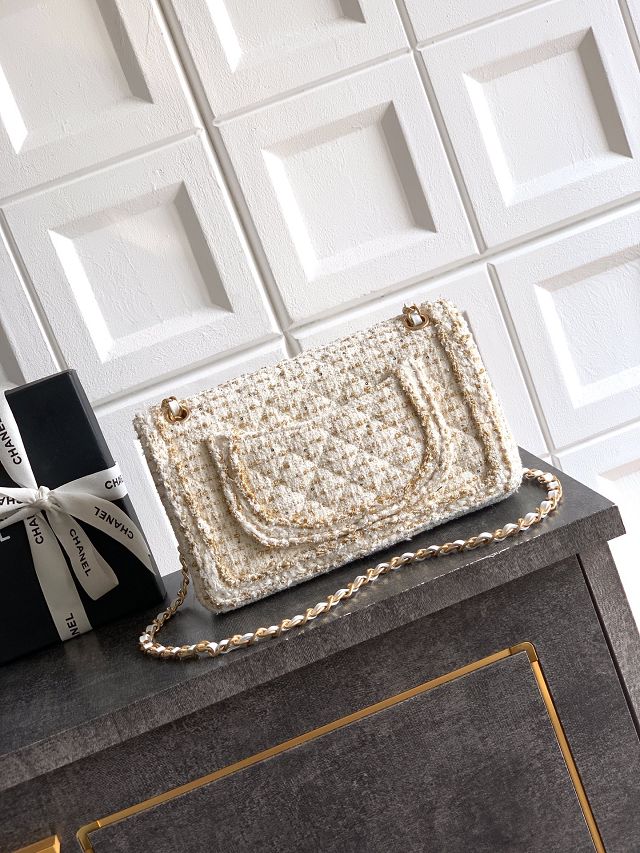 CC original tweed medium flap bag A01112 white