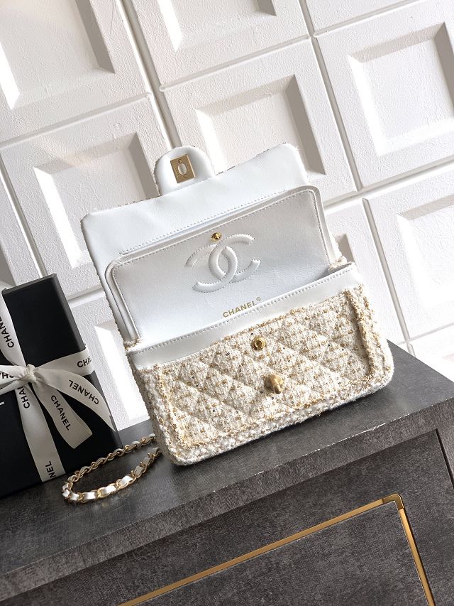 CC original tweed small flap bag A01113 white