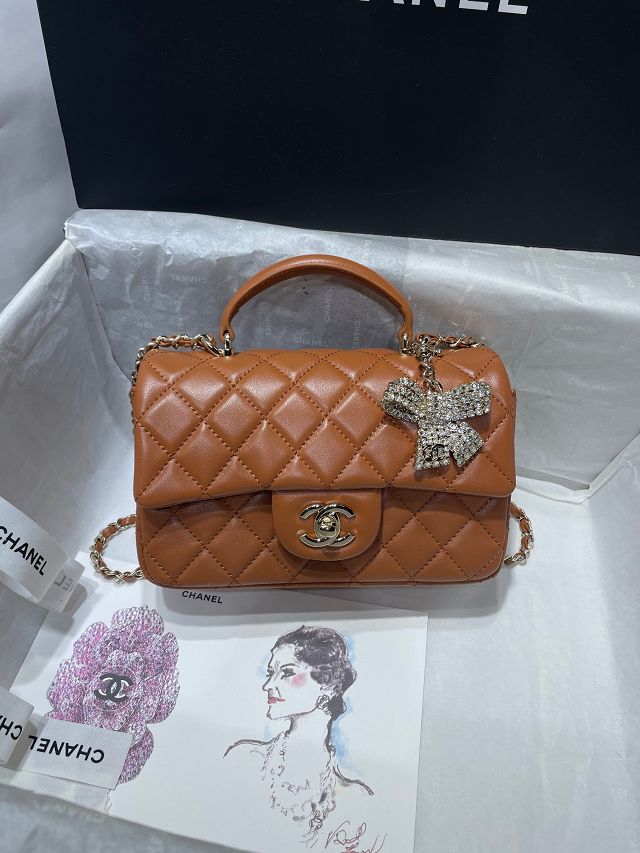 CC original lambskin top handle flap bag AS2431 caramel