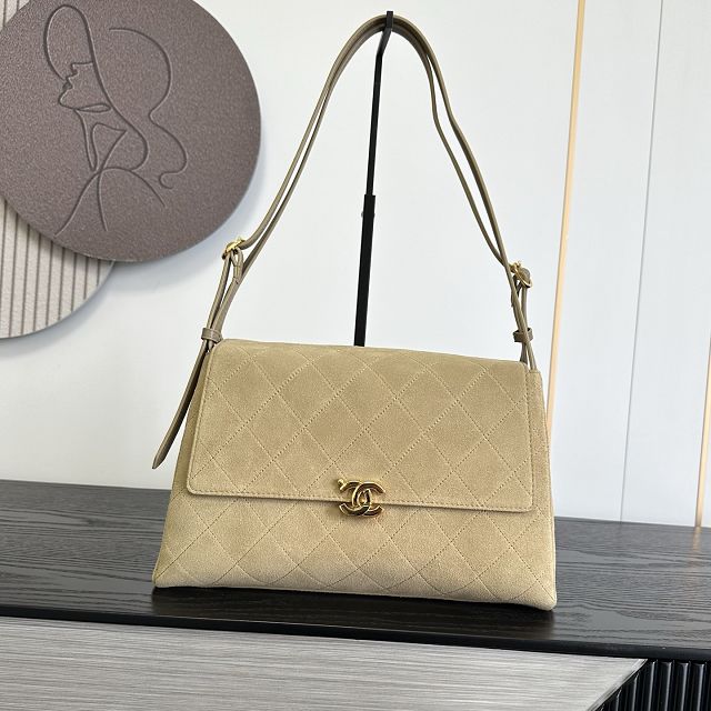 CC suede calfskin maxi flap bag AS6482 beige