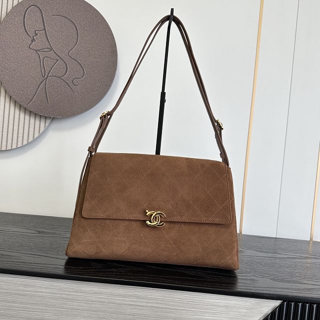 CC suede calfskin maxi flap bag AS6482 brown