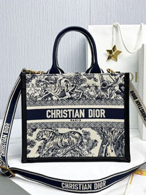 Dior original cotton&calfskin small book tote bag M1325 black&blue