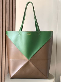 Loewe original calfskin large puzzle fold tote B933Q18 brown&green
