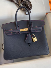 Hermes original togo leather birkin 35 bag H35-1 blue nuit&fuschia