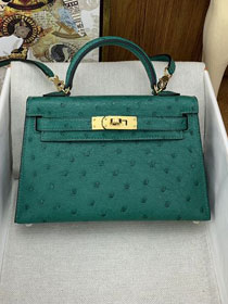 Hermes handmade genuine 100% ostrich leather kelly 19 bag K019 vert vertigo