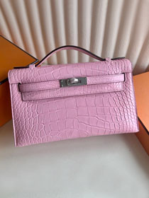 Hermes handmade genuine crocodile leather mini kelly 22 clutch K220 pink