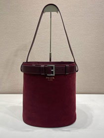 Prada original suede bucket bag with belt 1BE085 bordeaux