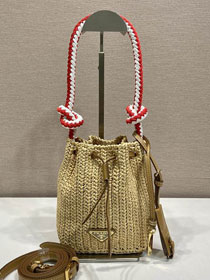Prada original raffia mini crochet bucket bag 1BE068 beige