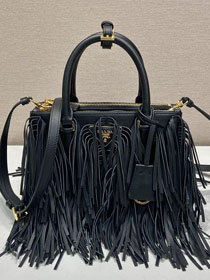 Prada original soft calfskin galleria small bag with fringe 1BA896 black