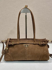 Prada original suede bonnie medium tote bag 1BA426 dark brown