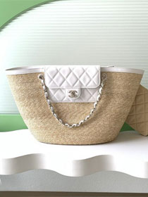 CC original straw large tote bag AS5952 beige&white